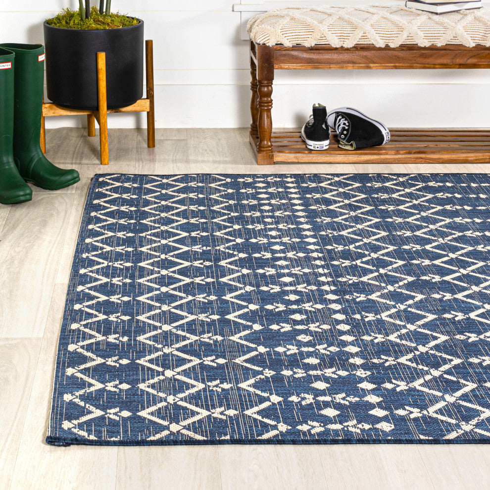 Ourika Moroccan Geometric Indoor/Outdoor Rug, Navy/Beige, 4x6