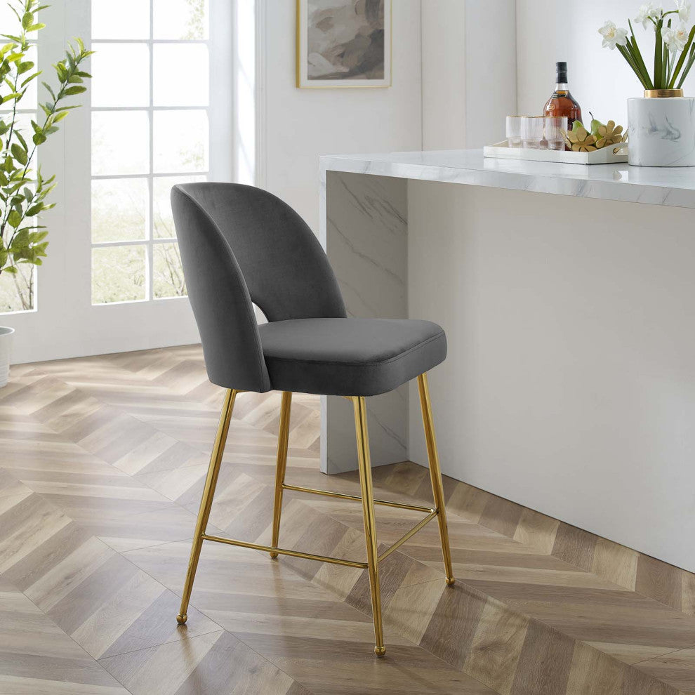 Counter Stool Chair, Velvet, Metal, Dark Gray, Modern, Bar Pub Cafe Bistro
