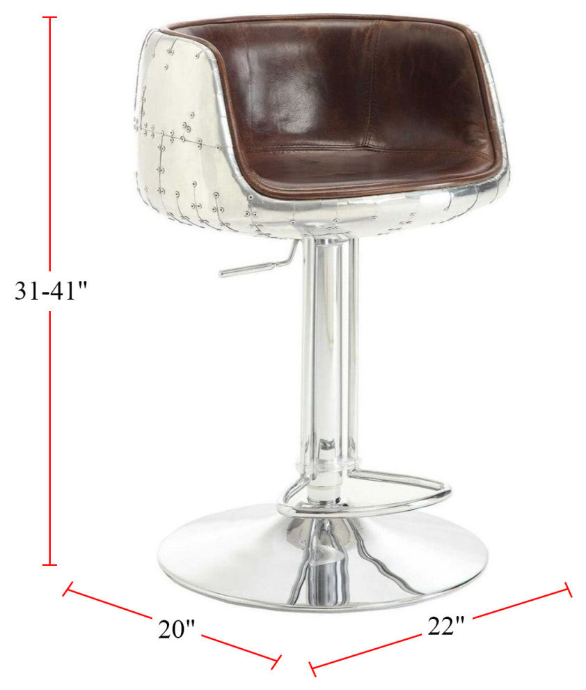 Top Grain Leather Adjustable Arm Stool with Swivel, Vintage Brown
