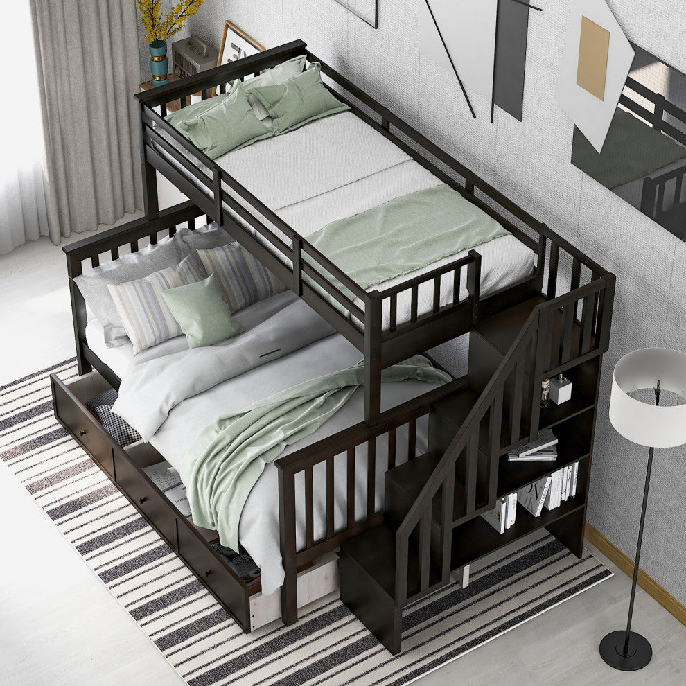 Gewnee Twin-Over-Full Bunk Bed with Drawers and Stairway in Espresso