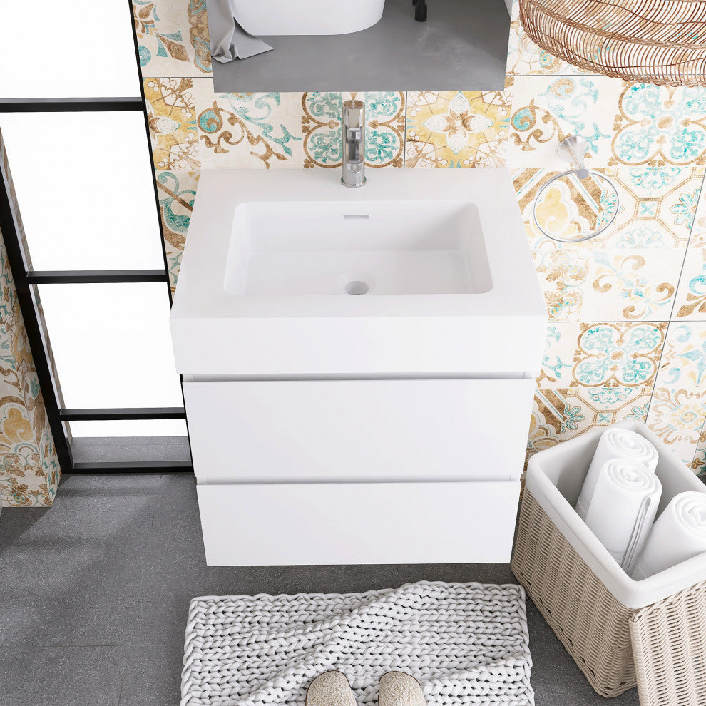 Wood Wall-Mounted Bathroom Vanity Set with Integrated Resin Sink, White, 24"