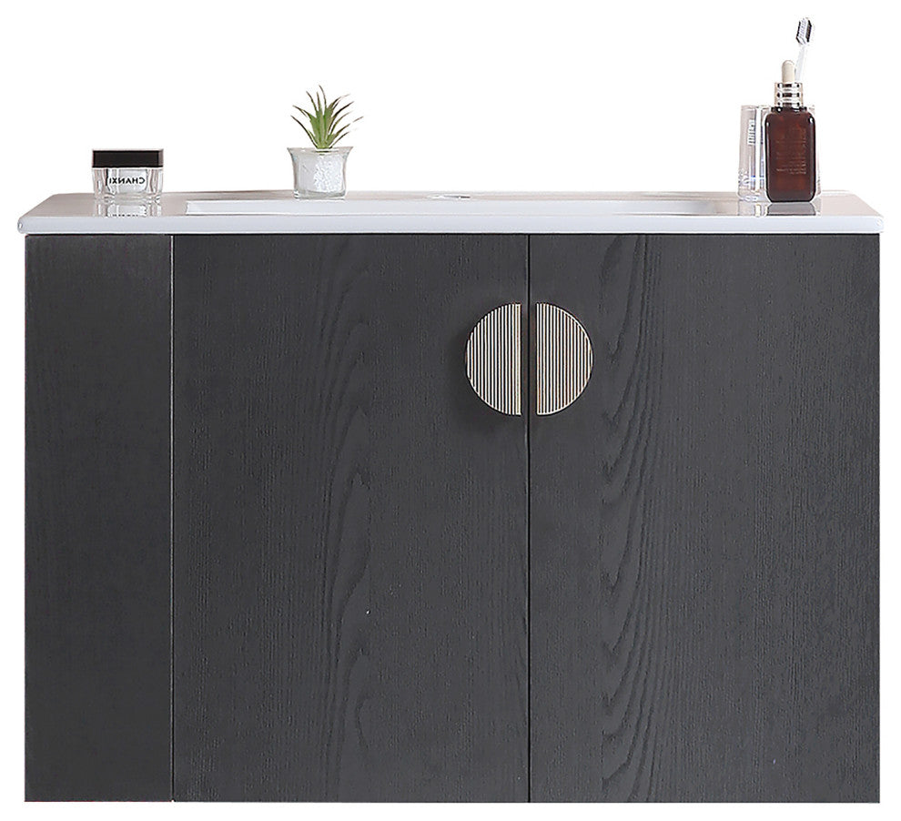 30 Inches Plywood Wall-Mounted Bath Vanity Set, Integrated Ceramic Sink, Black