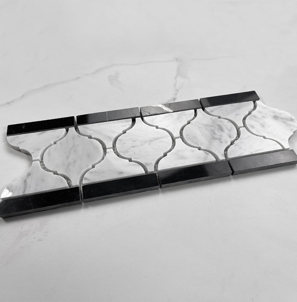 Carrara White Marble Border Tile Arabesque Baroque Listellos Polished, 1 sheet