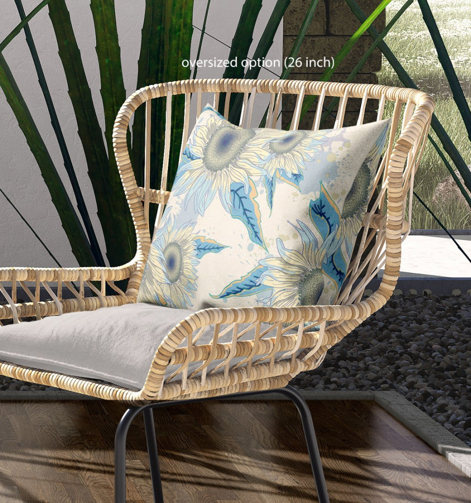 20" White Yellow Sunflower Indoor Outdoor Zippered Throw Pillow