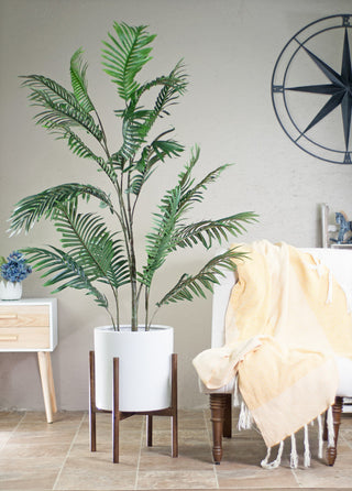 Ceramic Planter Large Cylinder Pot 13" White With Plant Stand Set Dark Walnut