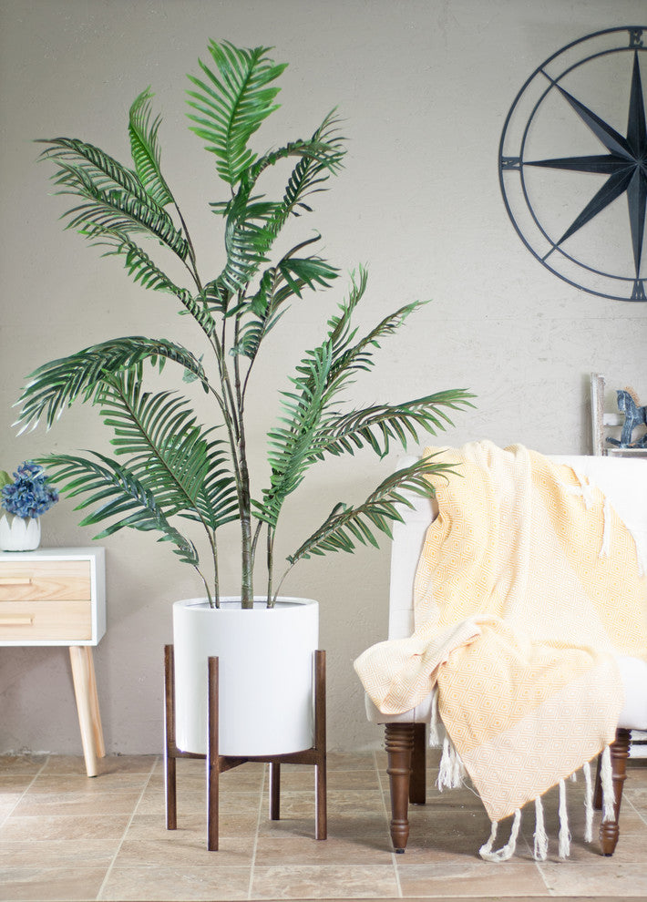 Ceramic Planter Large Cylinder Pot 13" White With Plant Stand Set Dark Walnut