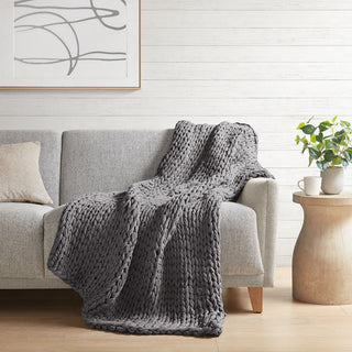 Madison Park Chunky Double Knit Handmade Throw Blanket, Blush, Dark Grey