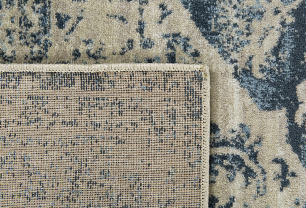 2"x8" Beige Blue Distressed Medallion Runner Rug