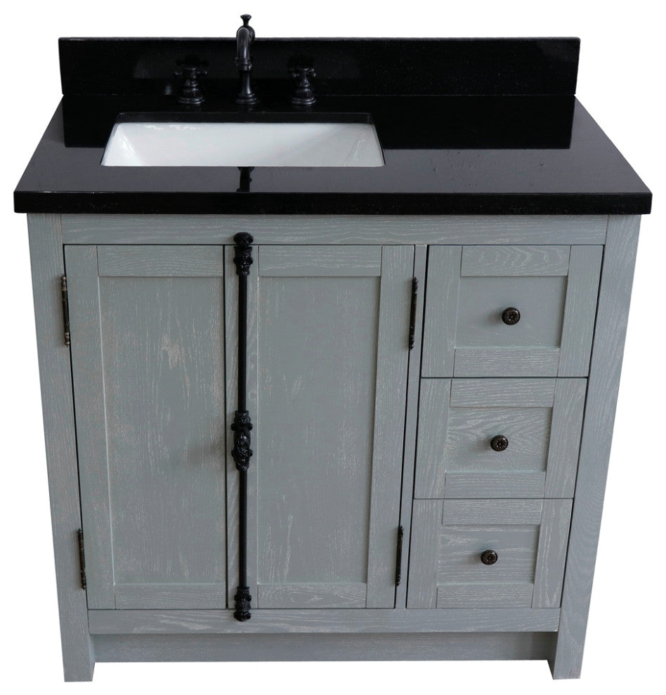 37" Vanity, Gray Ash With Black Galaxy Top, Left Doors/Left Rectangle Sink