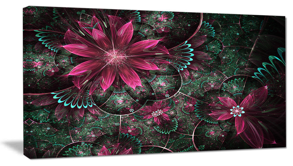 "Glossy Green and Red Fractal Flowers" Floral Wall Art Canvas, 32"x16"