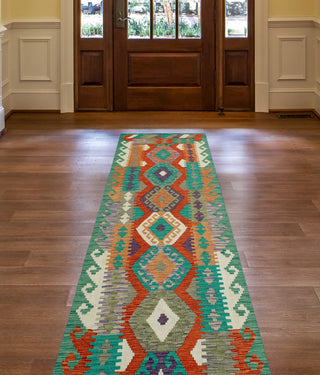 Flatweave Walton Red/Green Runner, 2'10x9'3