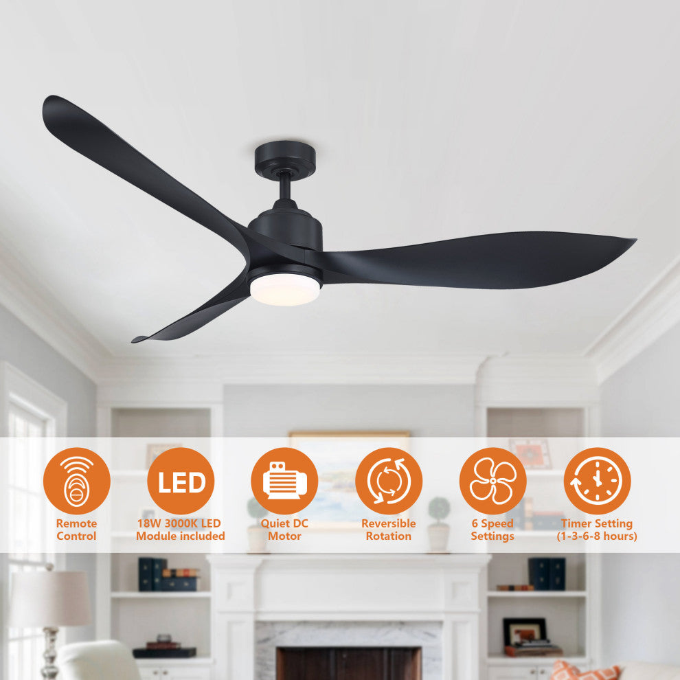 66 in Modern LED Ceiling Fan with 3 Blades and Remote Control, Black