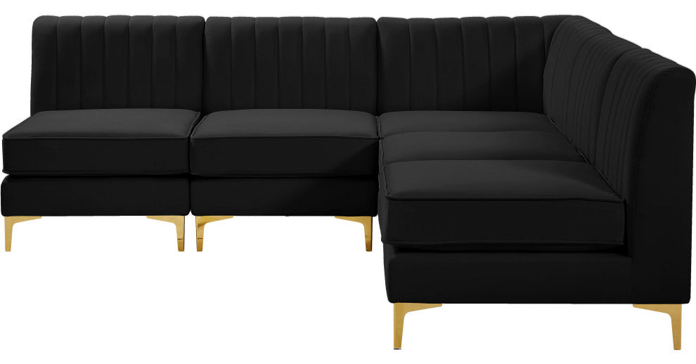 Alina Velvet Modular L-Shaped Modular Sectional, Black, 5-Piece: 4 Armless Chair, 1 Corner Chair