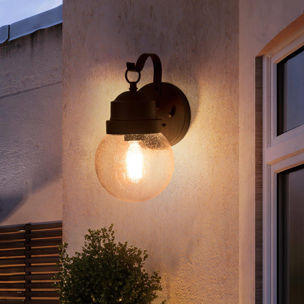 LNC 1-Light Seeded Glass Globe Outdoor Wall Lamp, 11", Black