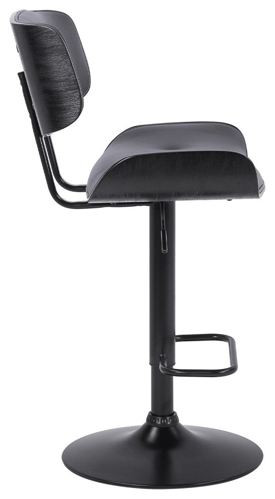 Adjustable Gray Tufted Faux Leather and Black Wood Swivel Barstool.