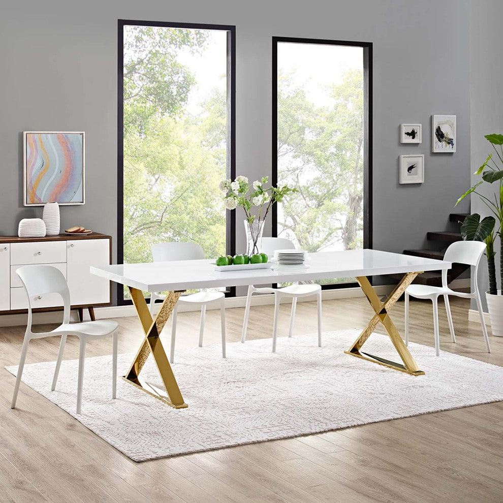 Elegant Dining Table with Gold Stainless Steel X-Base for Modern Homes, White/Gold