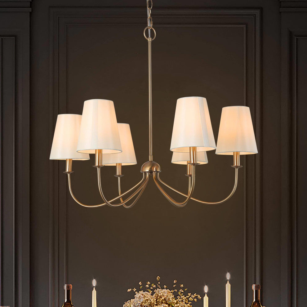 LNC 6-Lights Modern Polished White Candle Fabric Gold Chandelier