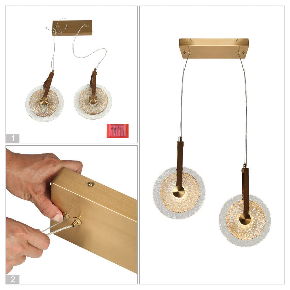 LNC Irma 2-Light 13" Modern Circular Disc LED Chandelier with Glass, Brass