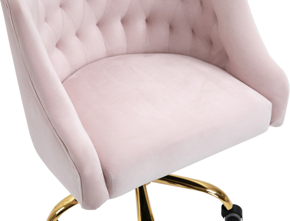 Arden Swivel and Adjustable Velvet Upholstered Office Chair, Pink, Gold Base