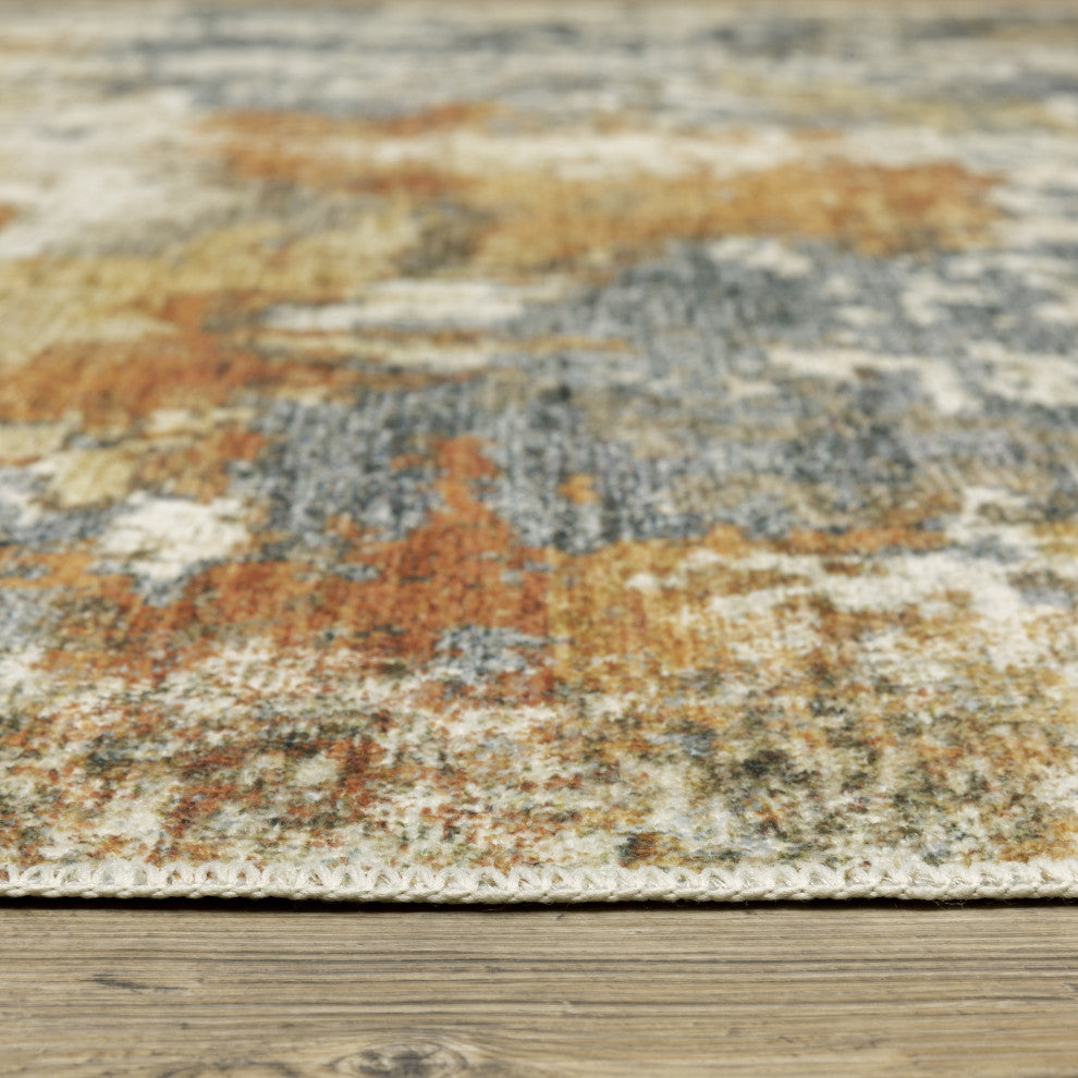 Michaela Machine Washable Abstract Orange/ Blue Area Rug, Orange, 2'x8'