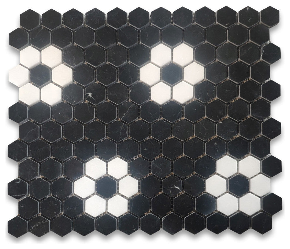 Nero Marquina & Thassos White Marble Rosette 1" Hexagon Tile Polished, 1 sheet