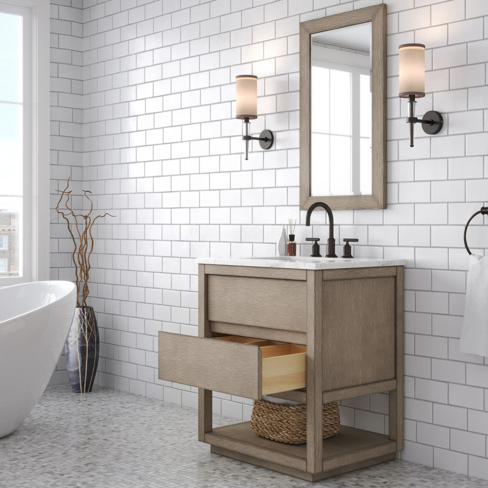 Oakman Marble Top Vanity in Grey Oak, 30", Vanity With Mirror