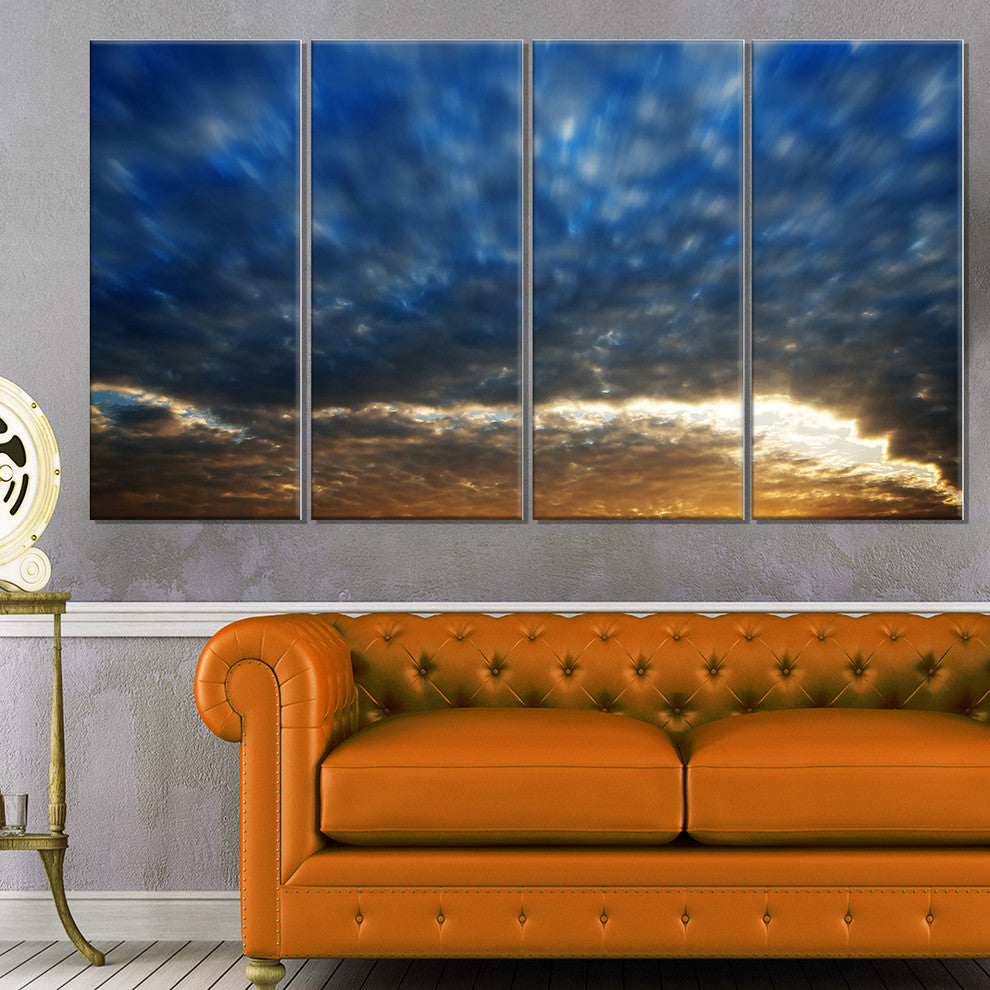 "Dramatic Blue and Brown Skies" Modern Seascape Wall Art, 4 Panels, 48"x28"