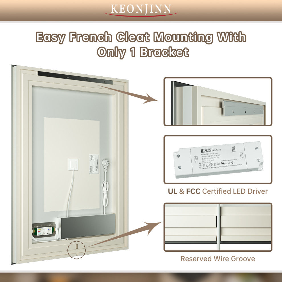Bathroom Wall Mirror, Frontlit/Backlit, Dimmable, 55"x36"