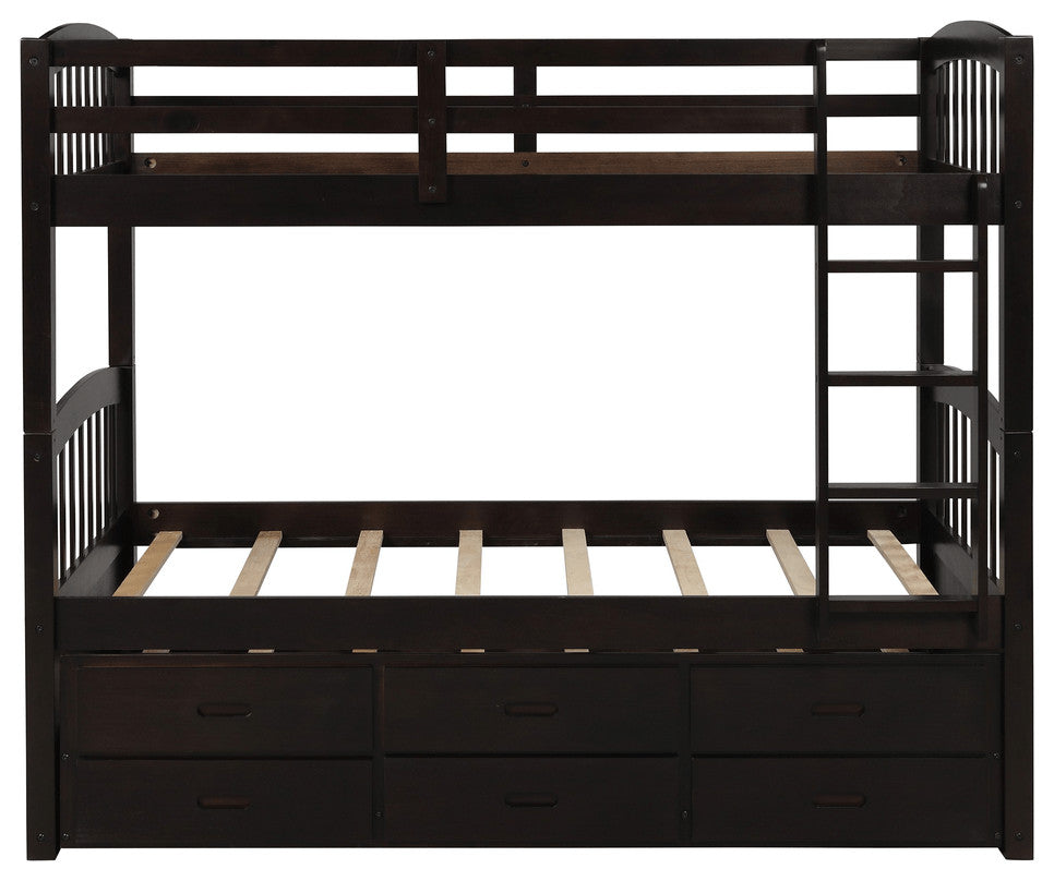 Twin over Twin Wood Bunk Bed Trundle Drawers Espresso