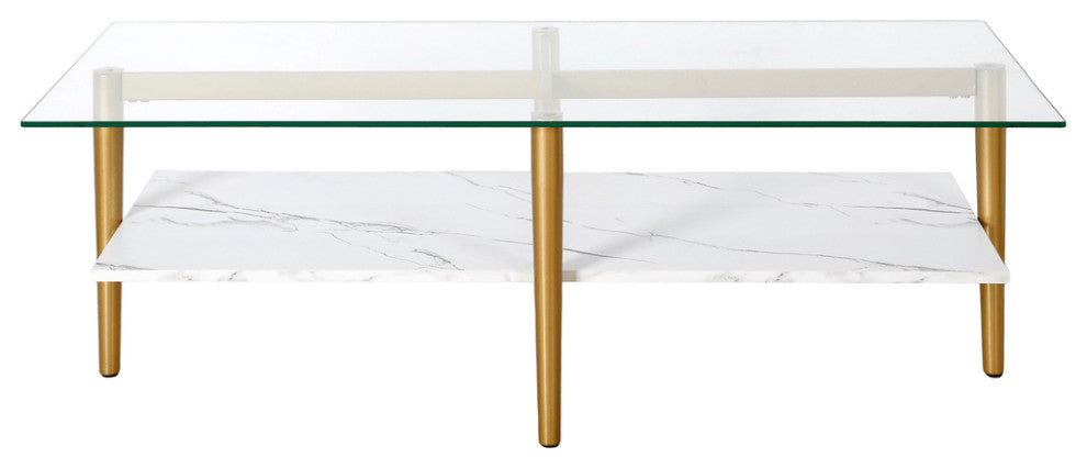 47" White And Gold Glass And Steel Coffee Table With Shelf