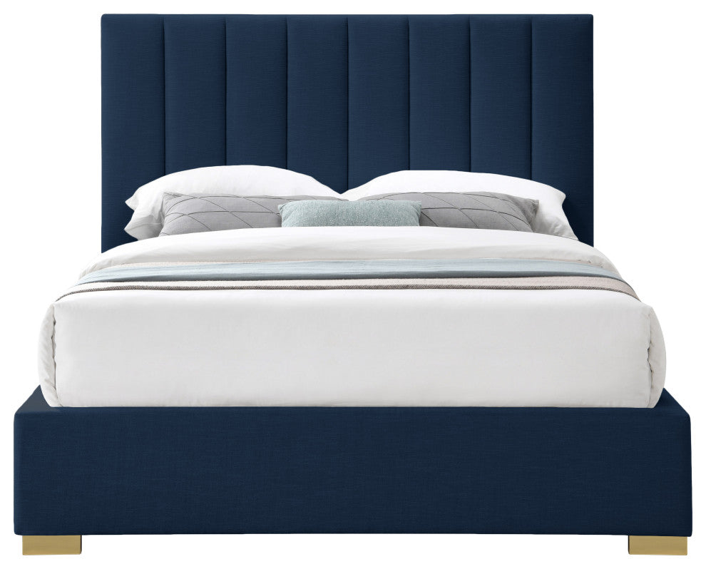 Pierce Linen Textured Fabric Upholstered Bed, Navy, Full