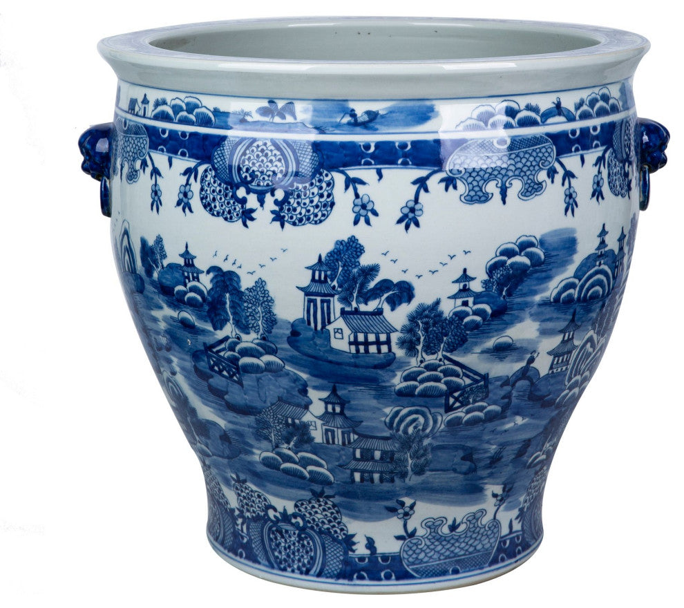 Mountain Pagoda Porcelain Planter Lion Handle