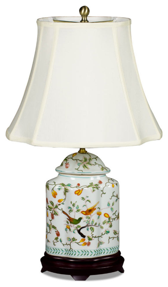 White Bird and Flower Motif Asian Porcelain Lamp