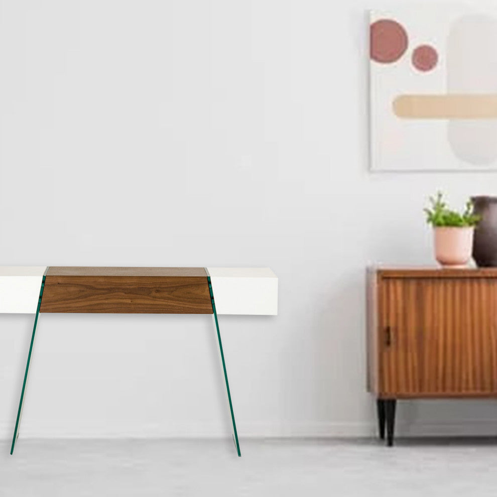 HomeRoots 29" White and Walnut Veneer MDF and Glass Floating Console Table