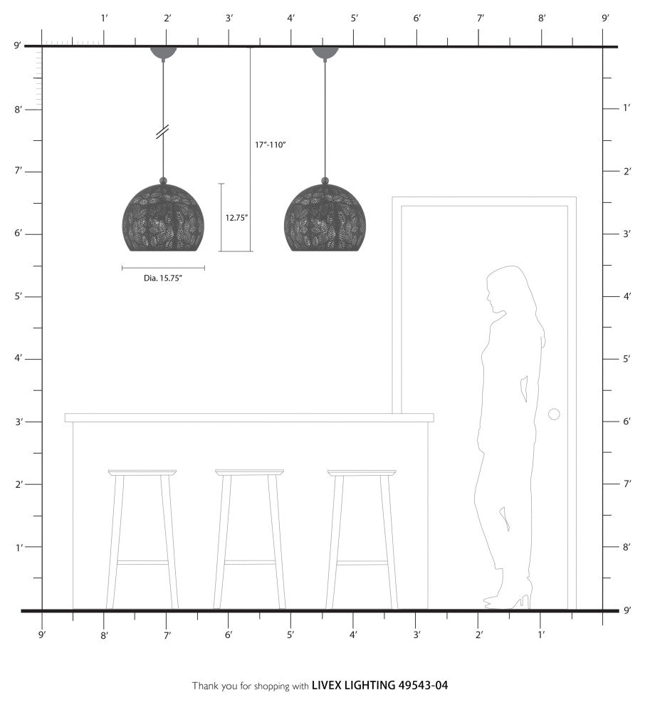 Livex Lighting Chantilly 3 Light Black, Brushed Nickel Accents Medium Pendant