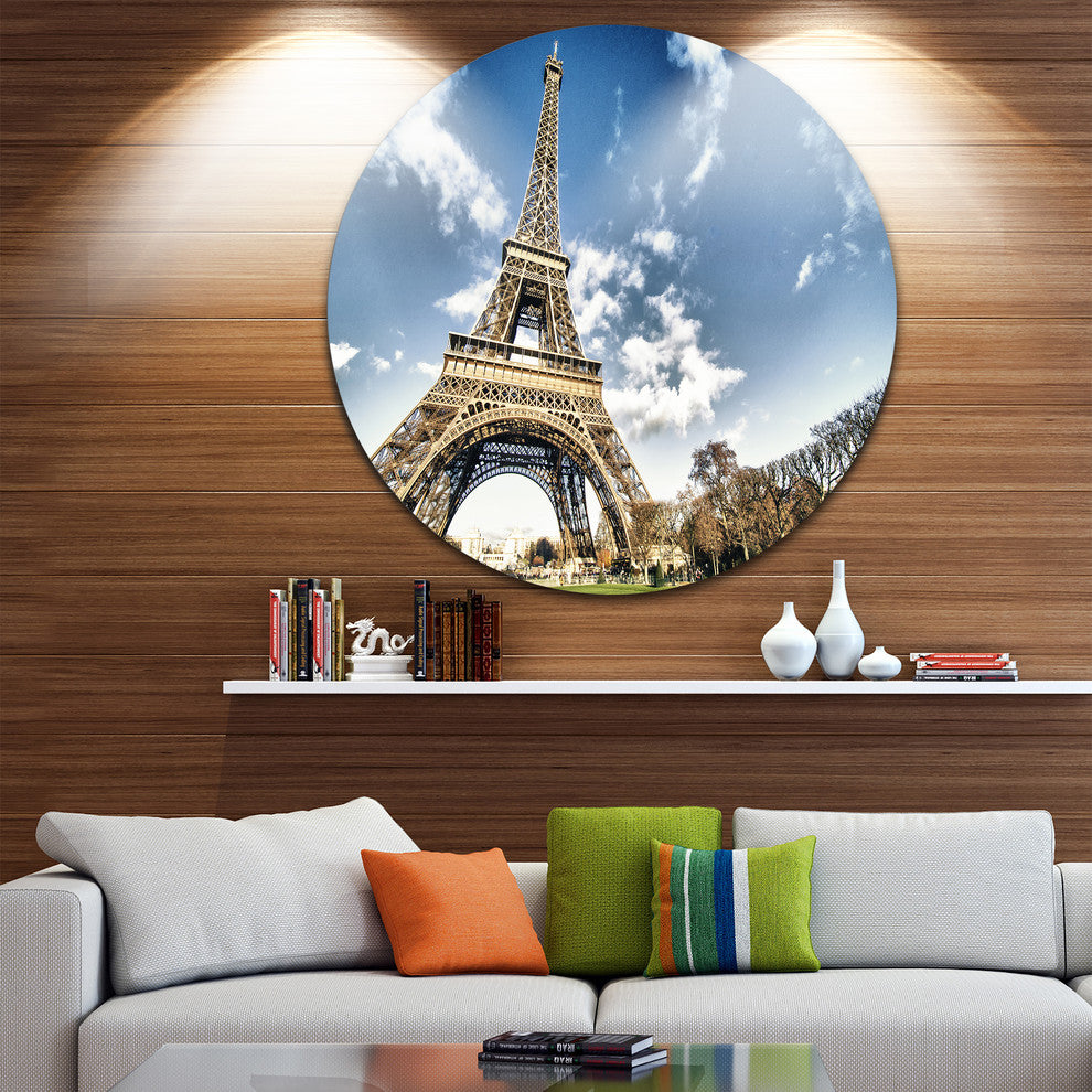 Eiffel Under Dark Cloudy Sky, Landscape Photo Disc Metal Wall Art, 36"