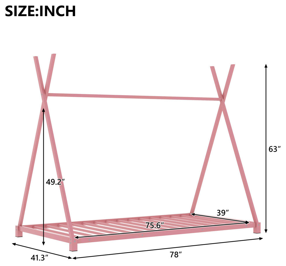 Metal Twin Size House Platform Bed with Triangle Structure, Pink