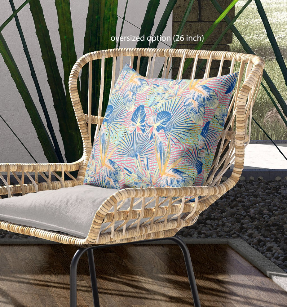 28" Blue Pink Tropical Indoor Outdoor Throw Pillow