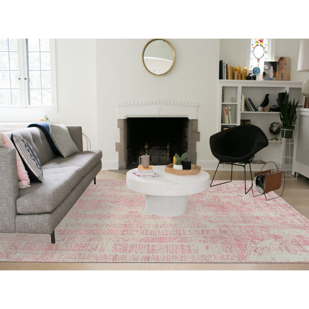 Rose Pink Jacquard Hand Loomed All Over Design Wool and Silk Rug, 9'0"x11'10"