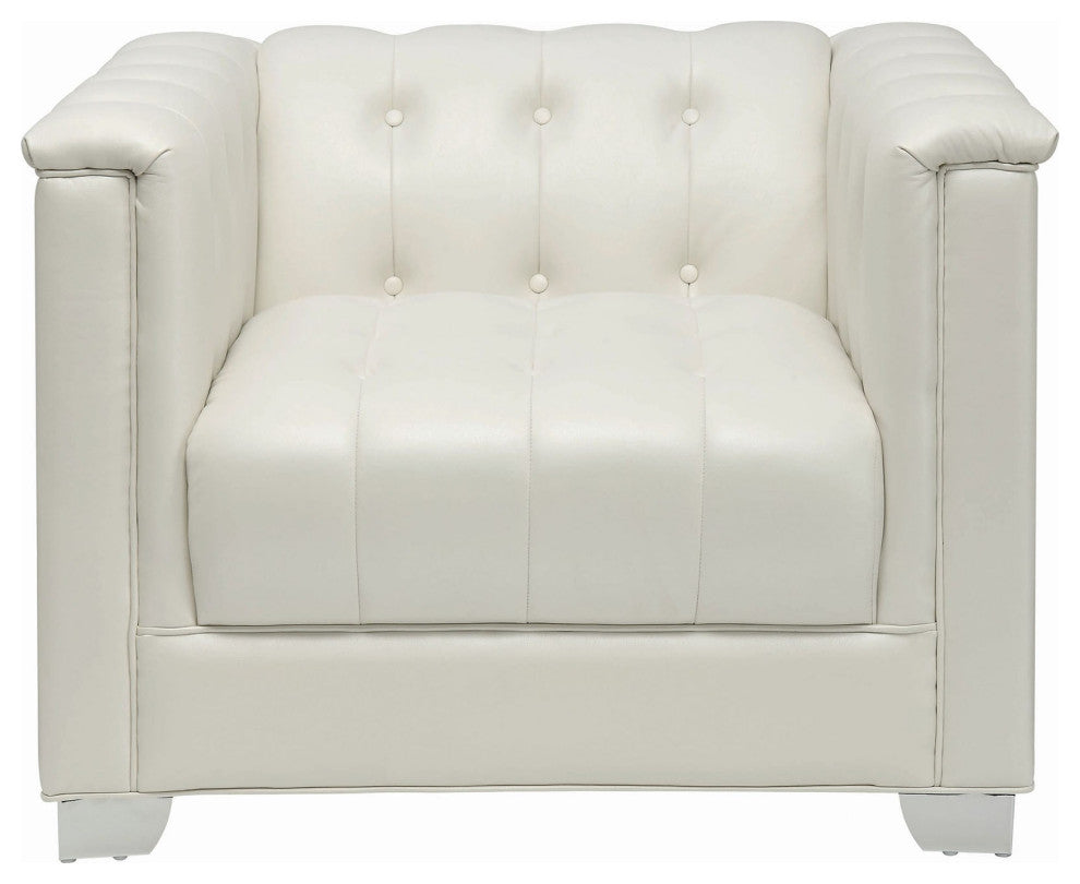 Leatherette Upholstered Chair With Chrome Legs and Button Tufting, Pearl