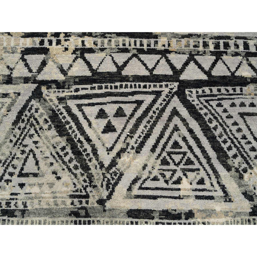Gray, Erased Ethnic Geometric Design, Pure Wool Hand Knotted Rug, 9'1" x 12'0"