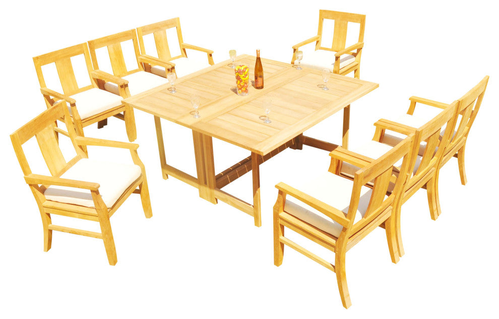 9-Piece Outdoor Teak Dining Set: 60" Square Butterfly Table, 8 Osbo Arm Chairs