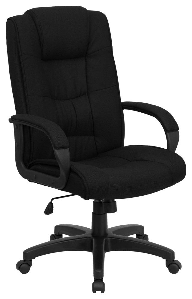 Comfortable Office Chair, Adjustable Seat With Padded Arms, Black Fabric