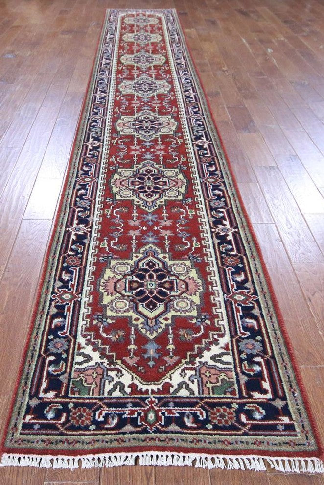 Floral Red Heriz Serapi Hand-Knotted Wool Rug, 3'x16'