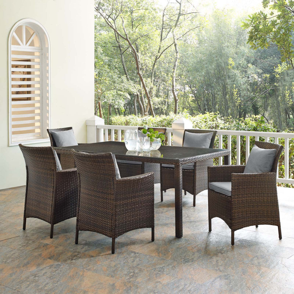 Side Dining Chair and Table Set, Rattan, Wicker, Brown Gray, Outdoor