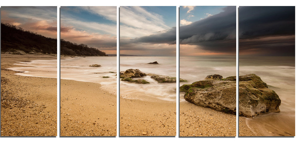 "Exotic Seashore With White Waves" Beach Canvas Wall Art, 5 Panels, 60"x28"