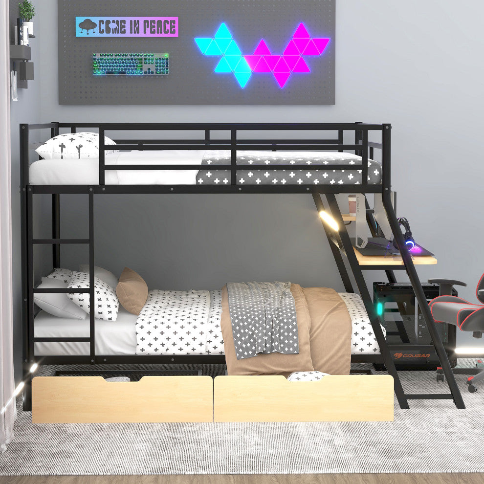 Gewnee Full Size Metal Bunk Bed with Built-in Desk, Light and 2 Drawers, Black