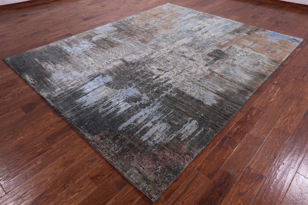 8' 2" X 10' 2" Abstract Handmade Wool and Silk Rug Q8884