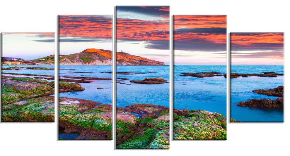 "Colorful Giollonardo Beach Sunset" Modern Seashore Wall Art, 5 Panels, 60"x32"