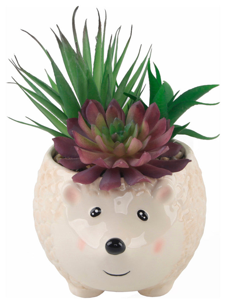 Faux Succulent In 6" Large Brown Hedgehog Ceramic Planter